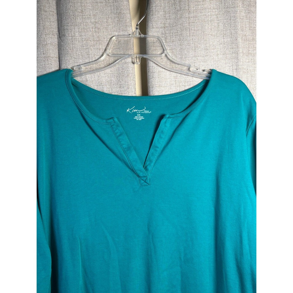 Kim Rogers Woman Teal Blue 100% Cotton 3/4 Sleeve Split Neck Top 3X